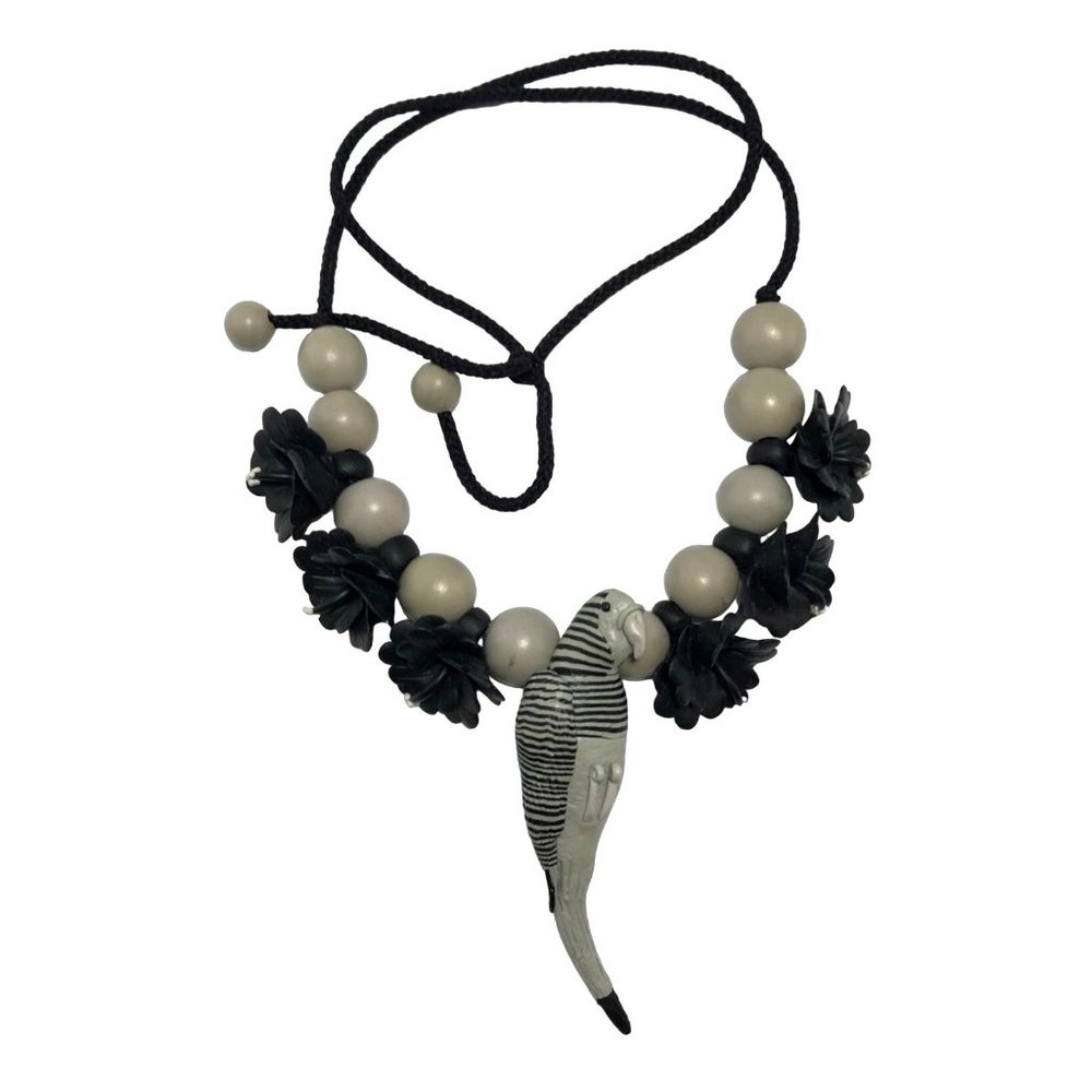 Handmade Polymer Clay Parrot and Hibiscus Necklace Gray Black Tropical Goth